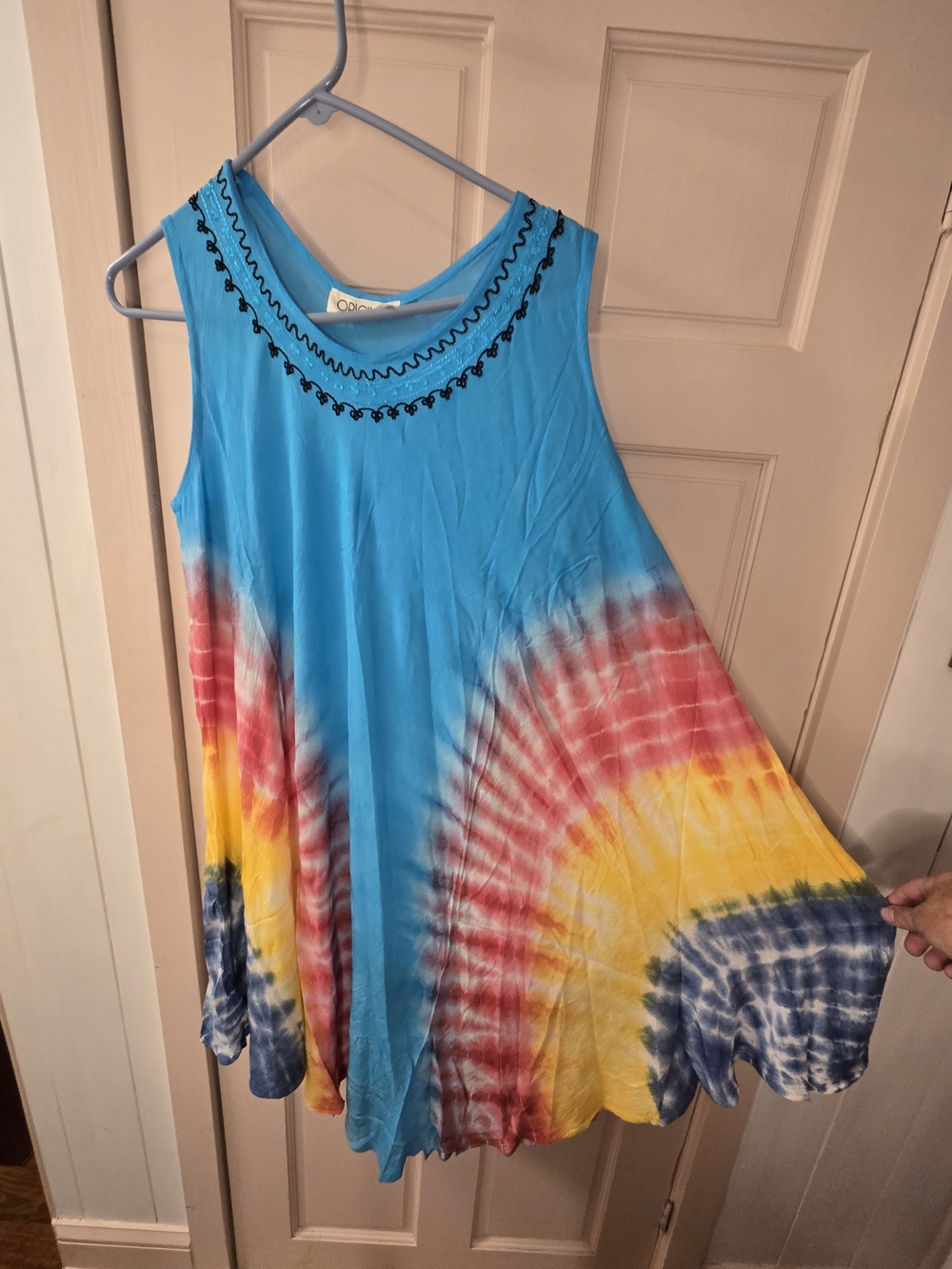 Tie-Dye Midi Swing Dress with Embroidered Neckline - Blue Multi